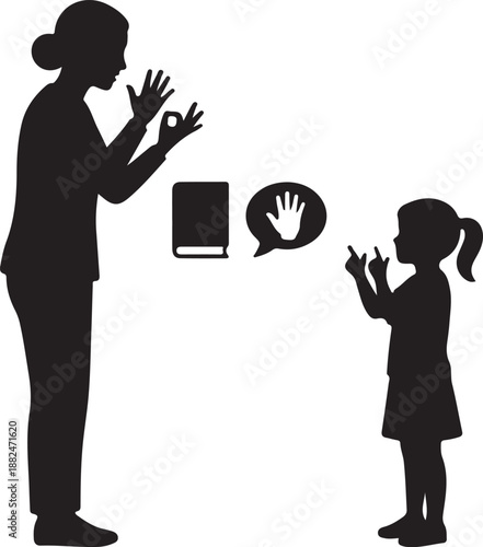 Adult teacher instructing child in sign language, symbolizing deaf education and inclusive communication for students with hearing impairment and diverse learning needs