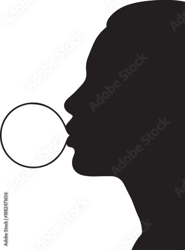 Minimalist Silhouette Profile Blowing Bubble Black and White Graphic Art with Chewing Gum Concept.