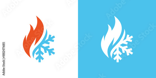 Dual meaning logo combining snow and fire elements, symbolizing contrast, climate control, balance, and efficient heating and cooling solutions.