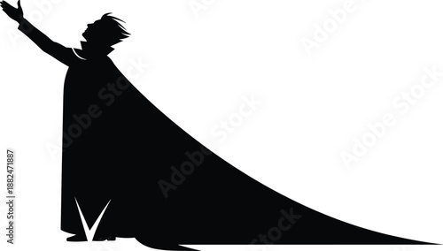 Silhouette of heroic man wearing long cape raising hand upward, freedom hope and inspiration concept, dramatic power pose, minimal black vector illustration
