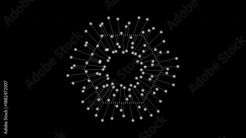 Symmetrical pin head dots pulsate on abstract overlay hexagon geometric diagram