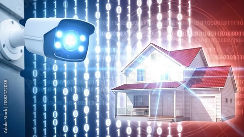 Smart home security concept with surveillance camera and house, digital protection technology