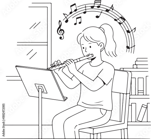 Young Girl Playing Flute or Wind Instrument with Music Notes and Music Stand, Black and White Outline Illustration of Music Practice or Education