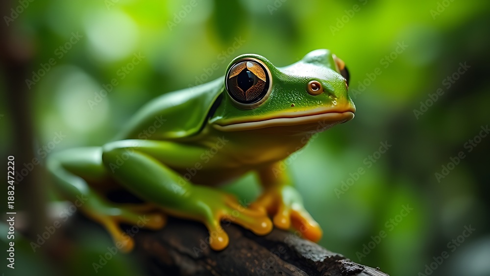 Naklejka premium Close-up portrait of a vibrant green tree frog in its lush rainforest habitat.