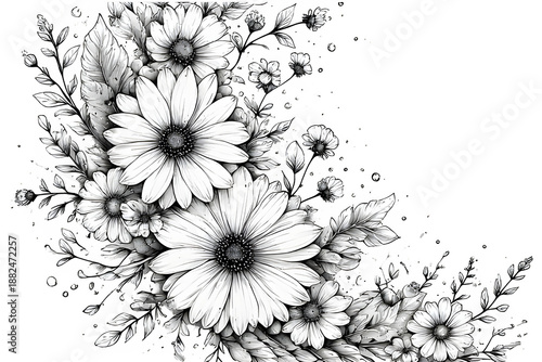 Black and White Floral Arrangement with Daisies – Intricate Line Art, Perfect for coloring pages, wall art prints, wedding invitations, tattoo inspiration, minimalist decor, and laser cutting designs
