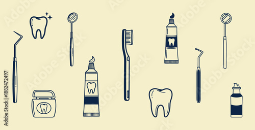 Dental Care Line Icons Set with Toothbrush, Toothpaste, Floss and Dentist Tools | Oral Hygiene Vector Pack – Hand Drawn Tooth, Mouthwash and Dental Instruments