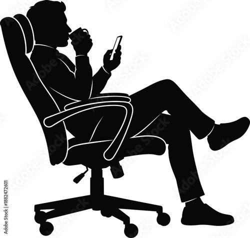 Silhouette of relaxed businessman sitting on office chair drinking coffee and using smartphone, modern work break lifestyle, minimal black vector illustration.eps