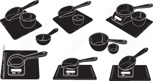 Black and white kitchen utensils on cutting boards illustration