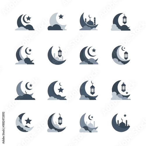 Crescent Moon Symbols with Lanterns and Stars.