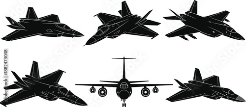 Silhouette set of modern military fighter jets and transport aircraft in multiple angles, air force aviation power and defense technology concept illustration