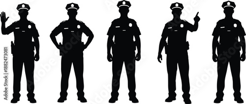 Silhouette set of police officers in different standing poses, law enforcement authority and public safety concept, uniformed security service illustration