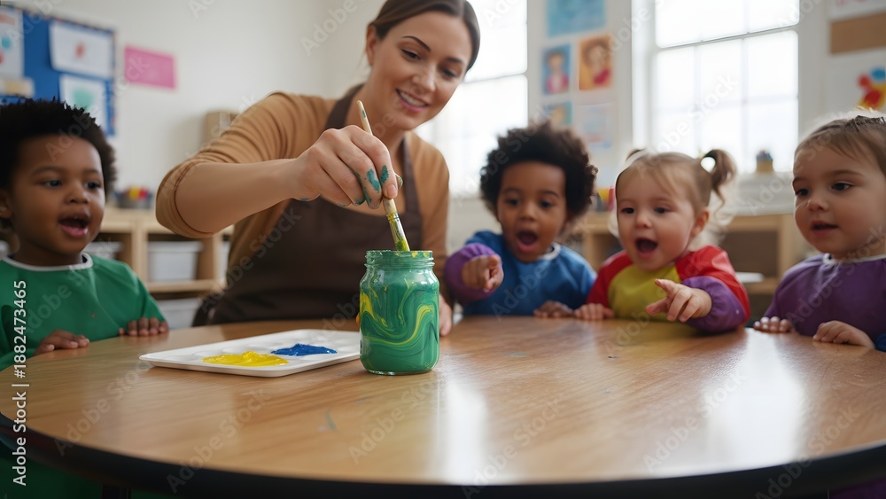 Fototapeta premium Learning of kids, a teacher mother is giving knowledge to a toddler,