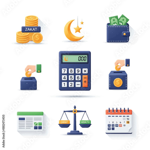 Financial icons collection with calculator and scales.