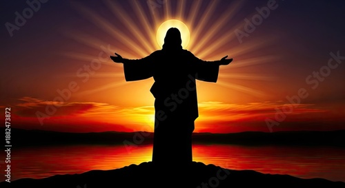 Jesus Christ standing on a hill with his arms outstretched, silhouetted against a sunset.