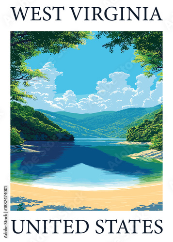 West Virginia, United States - Serene vector illustration of a tranquil lake nestled among rolling green mountains.