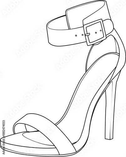 Side view outline of a women's high heel sandal with ankle strap and buckle. Vector line art of elegant summer fashion footwear isolated on white background.