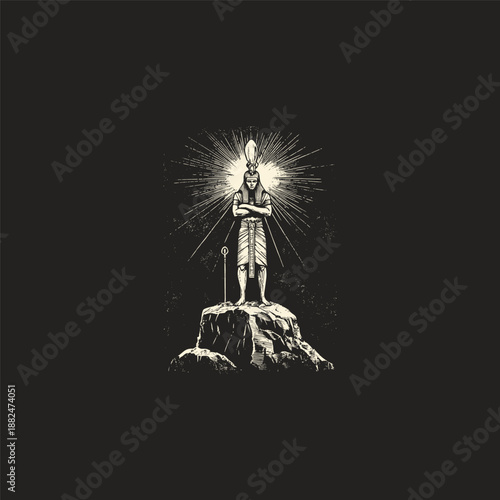Ancient Egyptian pharaoh god standing on mountain peak with sun rays engraving illustration.