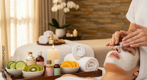A woman receiving a facial treatment in a spa setting.