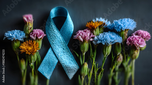 Teal ribbon for ovarian cancer awareness with flowers.