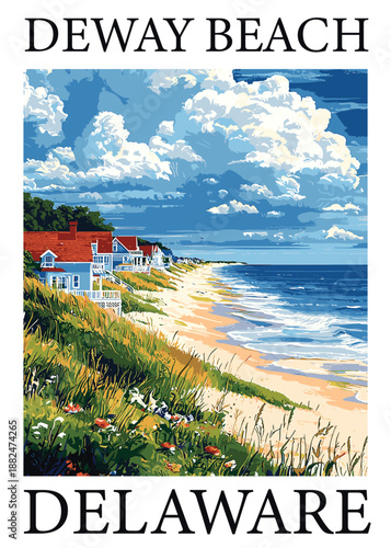 Obraz na plátně Charming coastal cottages line a sandy beach with ocean waves under a cloudy blue sky, Dewey Beach, Delaware vector illustration