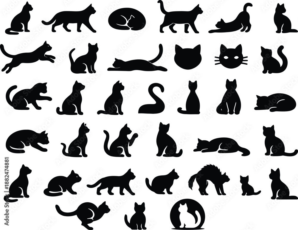 Obraz premium 30 Cat Clipart Solid Black Silhouette Icons Set on White Background