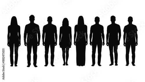 Silhouettes of seven people standing in a row isolated on white background, Vector