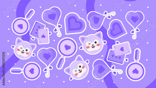 Stylized purple pattern with heart shaped lollipops ace cards winking cats and magnifying glasses for creative digital art