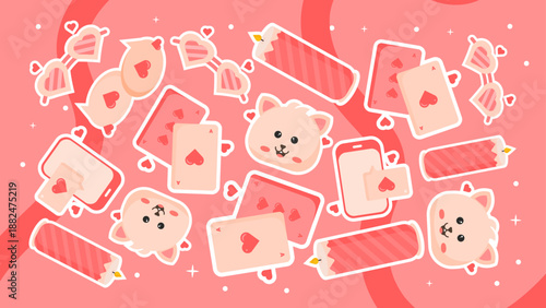Modern coral pink pattern with smartphones hearts playing cards candles and friendly cat faces for contemporary romantic vibes