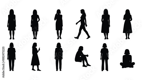 Various silhouettes of women in different poses isolated on white background, Vector