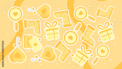 Bright yellow pattern featuring gift boxes rain boots heart umbrellas and magnifying glasses