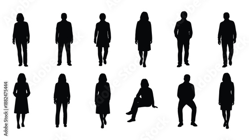 Silhouettes of people in various poses isolated on white background, Vector
