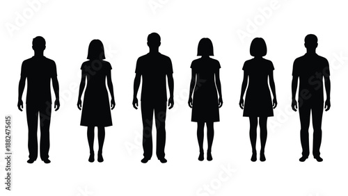 Silhouettes of six people isolated on white background, Vector