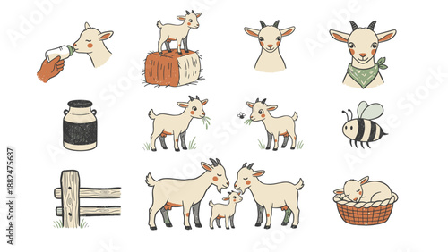 Baby goat vector hand drawn doodle set illustrating farm life scenes like drinking milk from bottle, eating grass, standing on hay bale, and sleeping in basket for rustic decor.