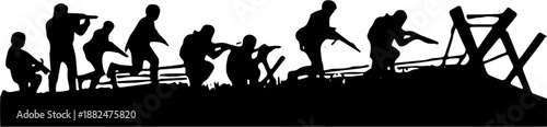 Military Battle Scene Silhouette of Soldiers in Action During Combat Isolated on White Background