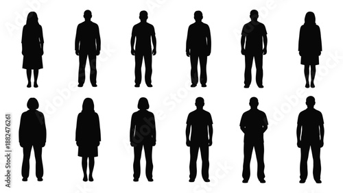 Silhouettes of people in various poses isolated on white background, Vector