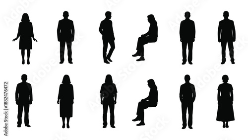 Silhouettes of various people isolated on white background, Vector
