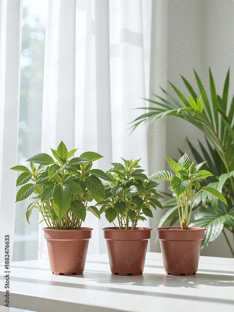 Fototapeta premium Fresh herb potted plants, light background, soft light, brand imagery,Potted herbs suggest freshness and sustainability.
