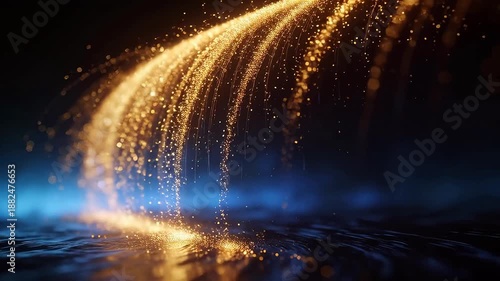 Golden light particles streaming down in dark space with reflections