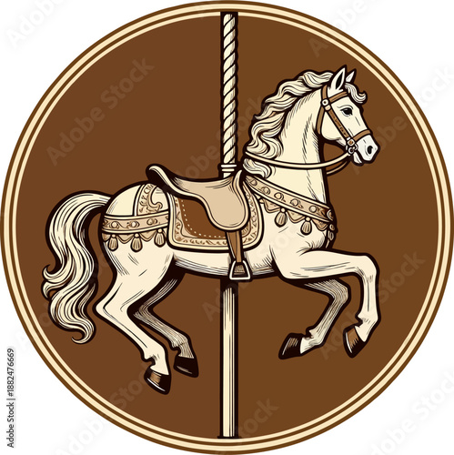 Vintage Carousel Horse Prancing Ornate Saddle Brown Circle Frame Line Art Vector