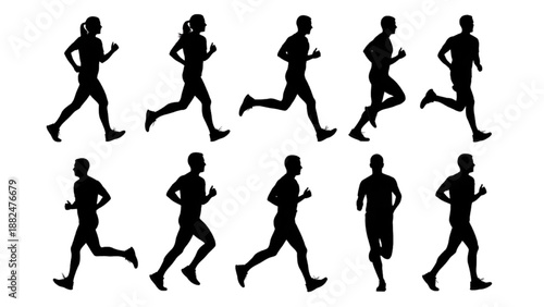 Set of silhouette illustrations of people running, representing fitness and exercise