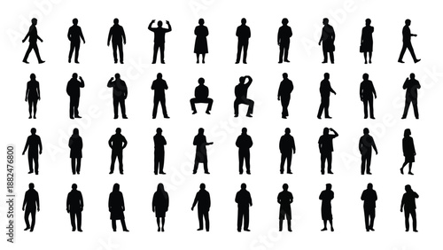 Collection of silhouetted human figures isolated on white background, Vector