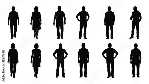 Silhouettes of various individuals isolated on white background, Vector