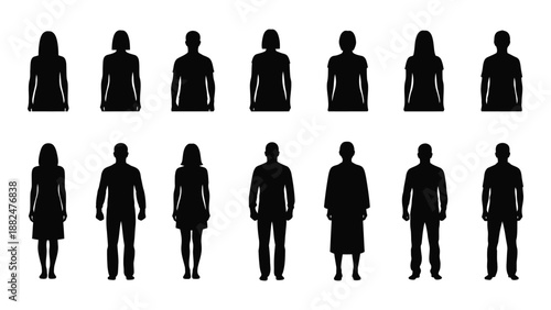 Silhouettes of people in various poses isolated on white background, Vector