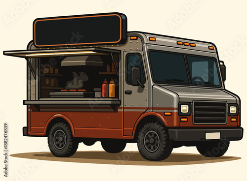 Illustration of a food truck with open counter serving street food in urban environment