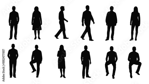 Silhouettes of people in various poses isolated on white background, Vector