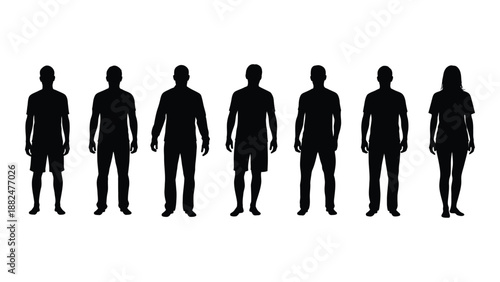 Silhouettes of seven individuals isolated on white background, Vector