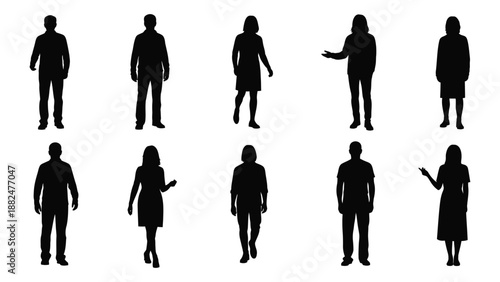 Silhouettes of people in various poses isolated on white background, Vector