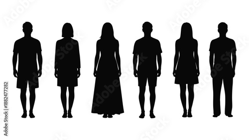 Silhouettes of six individuals isolated on white background, Vector