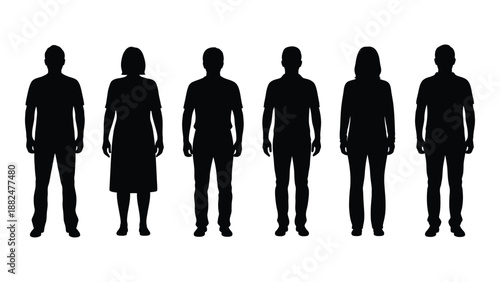 Silhouettes of six individuals isolated on white background, Vector