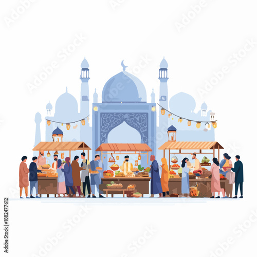 Illustration of a vibrant ramadan food promo market scene with people shopping for food in front of a mosque, featuring colorful stalls and a lively atmosphere with warm tones.